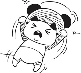 Sleepy Chinese Girl in Panda Onesie Yawning and Stretching – Cute Line Art Illustration with Cozy Expression

