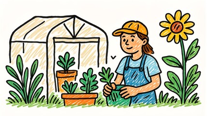 Illustration of a Young Woman Gardening Near a Greenhouse with a Sunflower, Promoting Sustainable Living and Green Initiatives