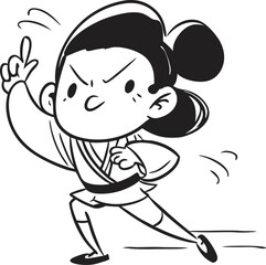 Goofy Chinese Girl in Martial Arts Uniform Striking Funny Kung Fu Pose with Big Grin – Playful Line Art Character Illustration

