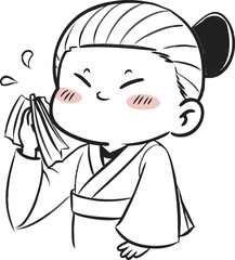 Playful Line Art of Shy Chinese Girl in Traditional Hanfu Covering Face with Fan – Blushing Expression Illustration Illustrator Artwork