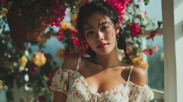 Radiant Blossom Beauty in Floral Dress - Powered by Adobe