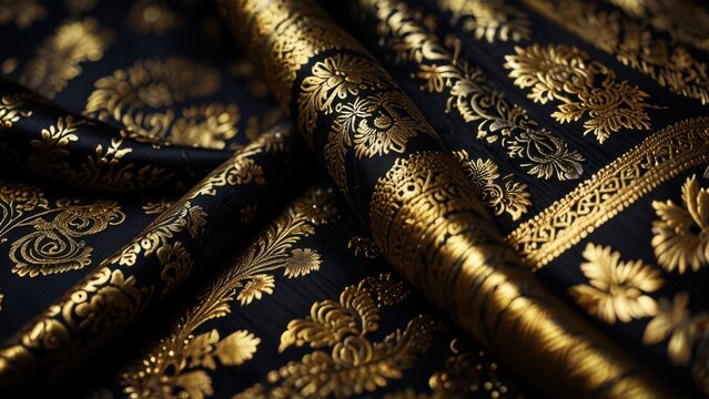 Malaysian Songket Textile Macro Showing Intricate Weaving in Black Silk Fabric and Metallic Thread

