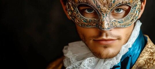 Elegant Man in Ornate Mask and Carnival Garb Captures the Essence of Venetian Carnival Tradition