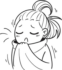 Sleepy Chinese Girl with Messy Hair Wrapped in Blanket – Playful Lazy Morning Line Art Illustration

