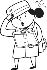 Confused Chinese Girl in Tourist Outfit Holding Map Upside Down – Playful Line Art Sketch with Lost Expression

