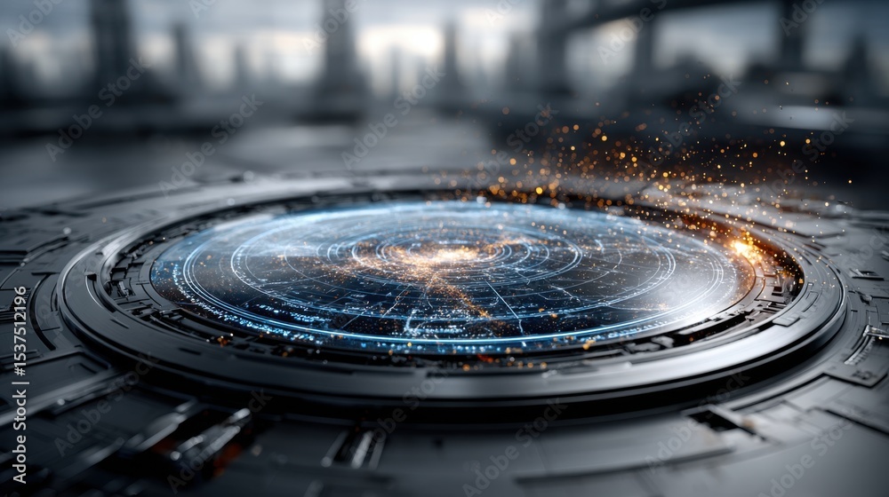 Poster a captivating display of a futuristic technology interface features intricate patterns and radiant l