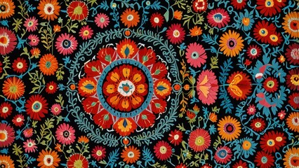 Central Asian Suzani Embroidery Background with Large Floral Medallion Patterns

