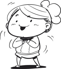 Cute Chinese Girl Laughing with Eyes Closed in Messy Bun, Oversized Hoodie and Skirt – Playful Character Illustration

