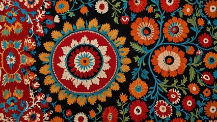 Central Asian Suzani Textile Background with Swirling Flowers and Bold Colors


