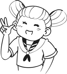 Energetic Chinese Schoolgirl Winking in Sailor Uniform with Twin Tails – Peace Sign Pose Line Art Sketch

