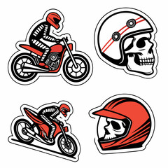 Red sport motorcycle racing vector emblem with helmet, rider, and wheels