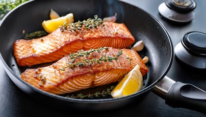 two slices of fresh salmon fillet with a crispy fried skin in a black pan with garlic thyme and lemon on the stove cooking a delicious seafood meal selected focus narrow depth of field