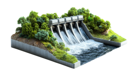 dam on the river with greenery on white background