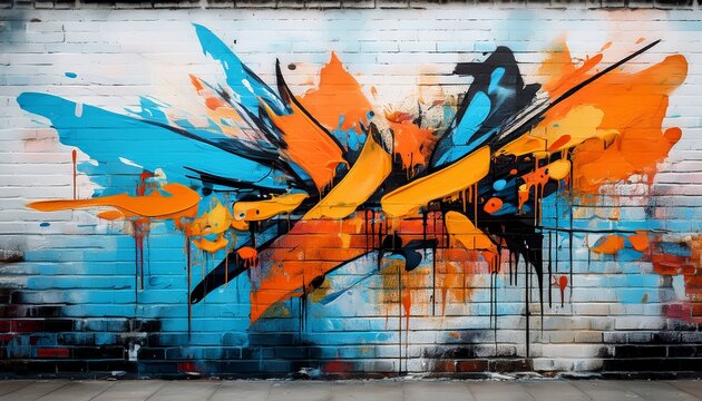 colorful abstract urban graffiti wall art with orange blue and black accents on distressed white brick background creating a vibrant visual texture