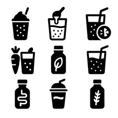 Solid Fiber Drink Icons. Solid style icons of fiber in beverages: smoothie with seeds, fiber powder in water, fruit juice with