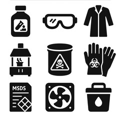Chemical Safety Icons. Solid style icons of chemical safety: labeled container, chemical goggles, lab coat, fume hood, hazardous