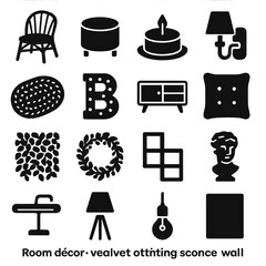 Room Decor Icons. Solid style icons of room décor: rattan chair, velvet ottoman, candle plate, wall-mounted lighting sconce,