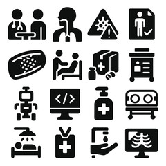 Healthcare Icon Set. Solid style icons of medical and healthcare: medical consultation icon, cross-section anatomy icon, hospital