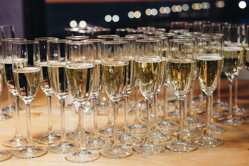 Rows of Champagne Glasses on a Table