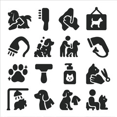 Pet Grooming Icons. Solid style icons of pet grooming silhouette: long coat grooming icon, double-sided grooming brush, paw towel