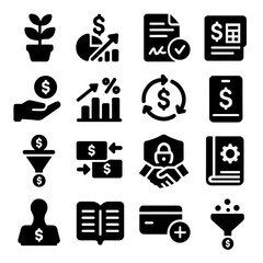 Business Finance Icons. Solid style icons of business and finance: money growth plant, profit margin icon, digital signature