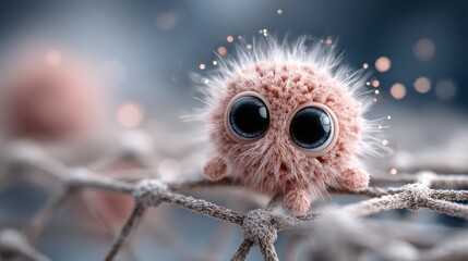 Obraz premium A fluffy cartoon character with large eyes rests on a web-like formation. Delicate particles float around in a dreamy, softly lit background creating a whimsical atmosphere.