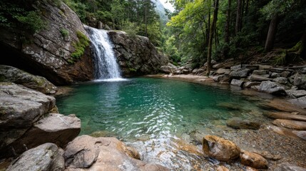 Naklejka premium A stunning waterfall pours into a clear turquoise pool, surrounded by rocks and vibrant greenery. Sunlight filters through the trees, creating a peaceful, natural setting.