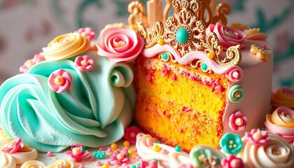 Elaborate quinceañera pastel, showcasing vibrant frosting and intricate details,  celebratory cake,  vanilla