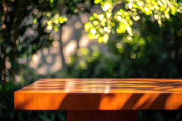 A wooden table sits in front of a soft, blurred background of green foliage and bokeh lights.