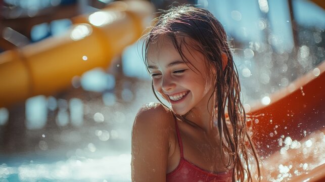 Young Girl Smiles Happily in a Waterpark During Summer Season