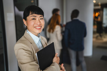 japanese businesswoman hold clipboard ready for business meeting