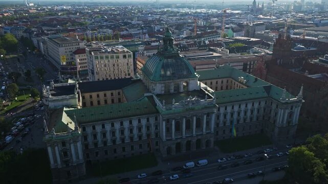Aerial view of the District Court Munich I (Landgericht M&uuml;nchen I), a major judicial building in Munich, Germany, known for its historic architecture and central location. 30 September 2024.
