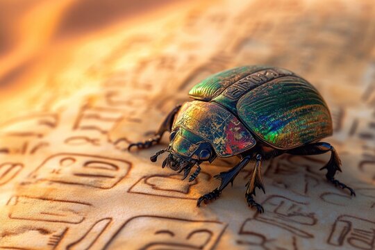 An iridescent scarab beetle sits atop ancient Egyptian hieroglyphs, a symbol of rebirth and immortality in rich detail.