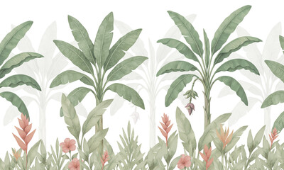 Subtle Nature Wall Mural: Faded Green Tropical Leaves & Botanical Background