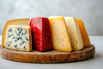 A vibrant arrangement of assorted cheeses, with diverse colors and textures, artfully displayed on a rustic wooden cutting board against a neutral background.