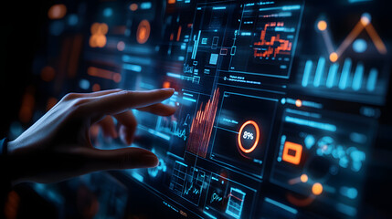 Business KPI concept with virtual icons, hand reaching toward metrics, dark background,