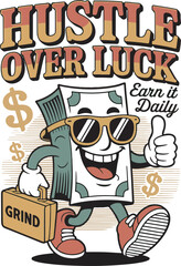 Fototapeta premium Cartoon Money Character Walking Hustle Over Luck Earn it Daily