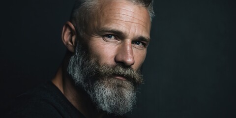 Portrait of a Mature Man with a Stylish Beard and Intense Gaze in Low Light