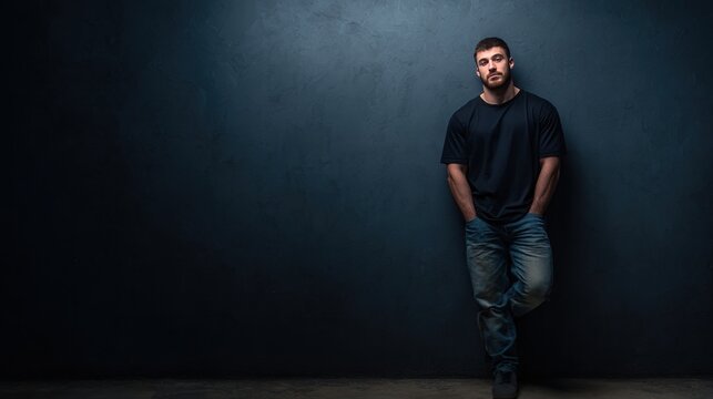 Confident Young Man Leaning Against Dark Wall in Casual Attire