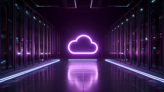 Blue glowing cloud icon in a high-speed data center corridor symbolizing cloud computing and fast data transfer.
