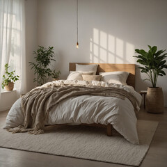 A calm minimalist bedroom with a single plant beside a plain bed and filtered warm light creating gradients on the white wall and neutral-toned bedding enhancing emotional softness