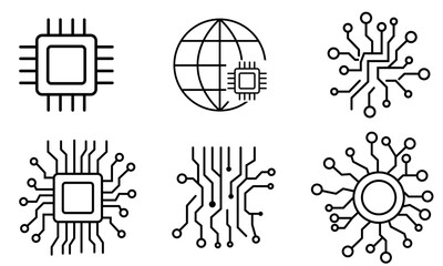 テクノロジーとデジタル回路を象徴する6種の抽象的な黒白アイコンセット