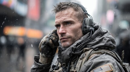 A soldier dressed in tactical clothing is focused while using a headset in a snowy urban environment. The busy city center showcases a blend of winter weather and active city life.