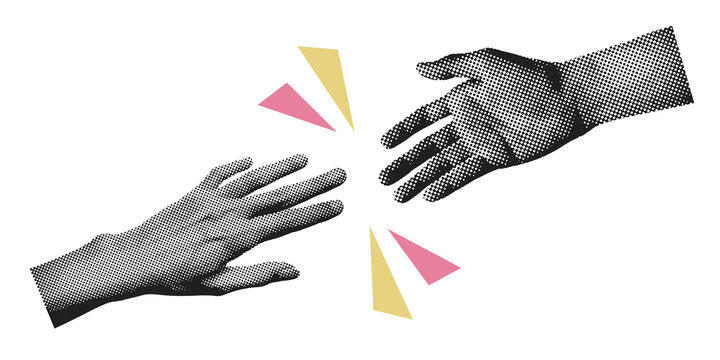 Halftone hands reaching out to each other. Trendy Modern retro art collage element. Cutout grainy clipping shapes, helping hand concept.