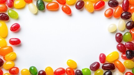 A border of colorful oval-shaped jellybeans surrounds a blank white space, creating a vibrant, sweet frame