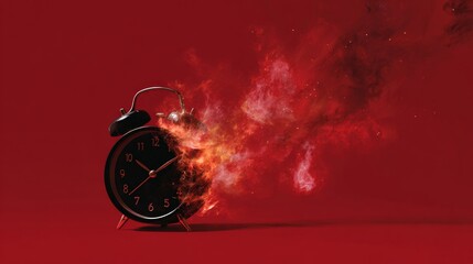 Fototapeta premium Clock Bursts Into Flames Against a Red Background Conveying Urgency and the Passage of Time