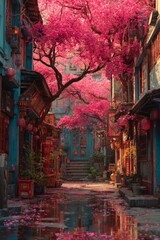 Fototapeta premium Vibrant Cherry Blossom in Traditional Alleyway During Springtime in an Old Town.