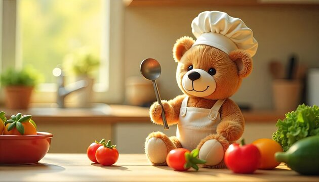 Oso de peluche con gorro de chef y cuchar&oacute;n en la mano