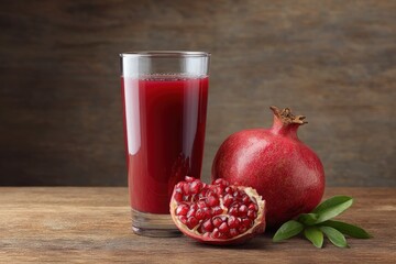 Pomegranate juice Glass with juice alongside fruit on a wooden surface against a rustic backdrop