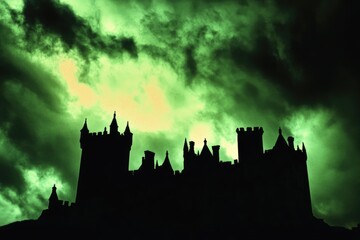 Silhouette of a castle against a dramatic, green-tinged sky, creating an eerie and mysterious atmosphere.